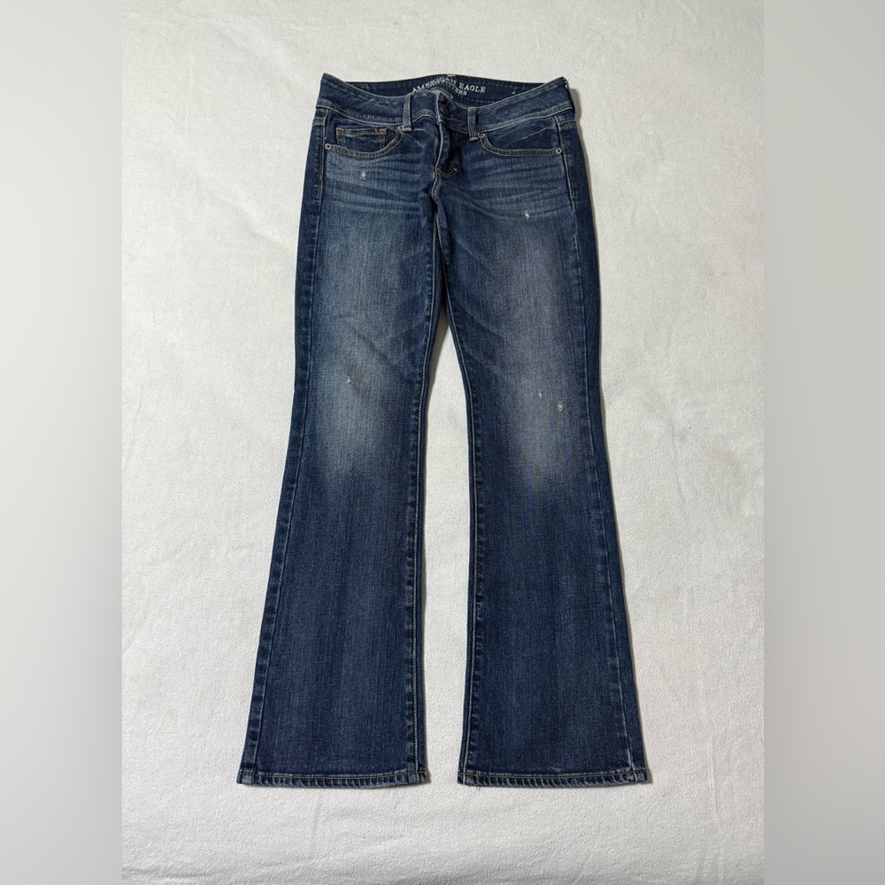 American Eagle Jeans Womens 4 Short Blue Kick Boot Bootcut Low Rise Distressed